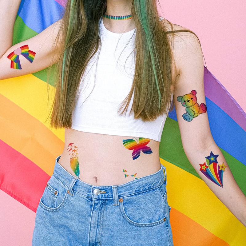 CHARLENT Glitter Rainbow Temporary Tattoos - 140 PCS Glitter Pride