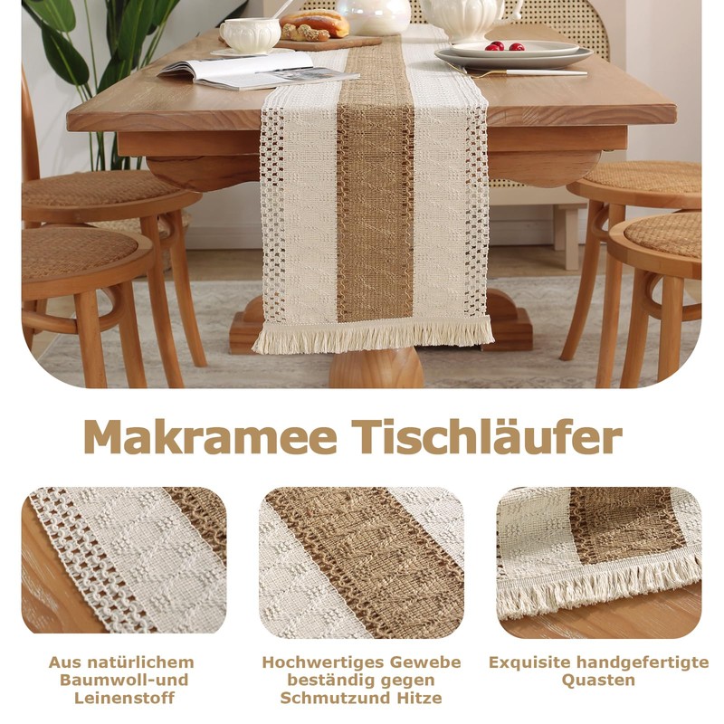 Figarge Macrame Table Runner, Beige Boho Table Runner with Tassels,