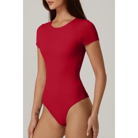 QINSEN Short Sleeve Body Suit for Women Round Neck Summer Going Out Bodysuit Tops Fiery Red S