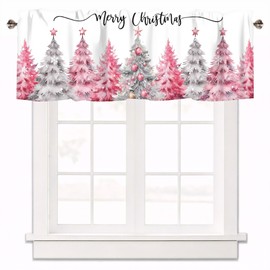 XYTIDUKEJI Christmas Valances for Windows, Pink Christmas Tree Holiday Design, Short Curtains Topper Rod Pocket Light Filtering Kitchen Bathroom Farmhouse Window Treatments 1 Panel,54x18 Inch