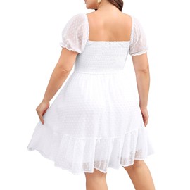 Plus Size White Summer Homecoming Bridal Shower Puff Sleeve Square Neck Chiffon Swiss Dot Swing Short Babydoll Dresses