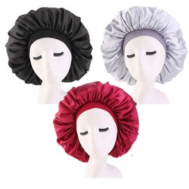 3 Pack Satin Silk Bonnet Sleep Cap Extra Large Jumbo Day and Night Cap Hat Salon Bonnet Head Hair Covers Chemo Caps with Elastic Wide Band for Black Women Long Curly Natural Hair Braids