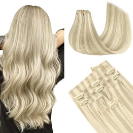 MAXITA Invisi Edge Clip in Hair Extensions Real Human Hair, 16 in, 7pcs 110g Ash Blonde Highlighted Platinum Blonde Seamless Clip ins,100% Remy Human Hair Extensions for Women