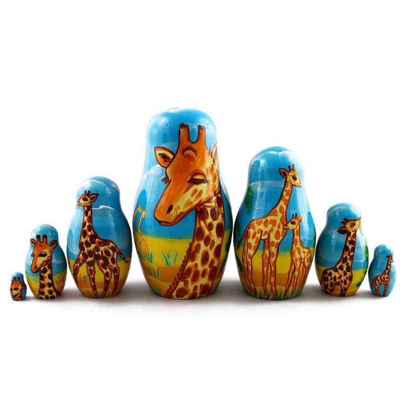 Matryoshka Babushka Russian Nesting Wooden Stacking Doll Giraffes in Africa