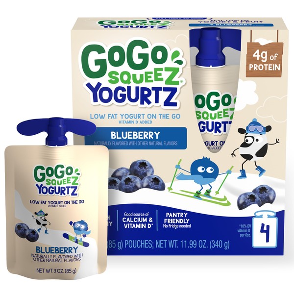 GoGo squeeZ yogurtZ Blueberry, 3 oz (Pack of 4), Kids Snacks Made from Real Yogurt and Fruit, Pantry Friendly, No Fridge Needed, Gluten Free and Nut Free, Recloseable Cap, BPA Free Pouches
