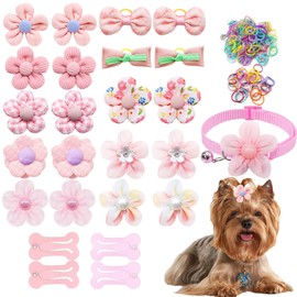 25Pcs Dog Hair Accessories Set for Small Medium Dogs, Flower Bows with Rubber Bands,Dog Hair Clip,Floral Bell Puppy Collar for Boy Girl Pomeranian Yorkie Poodle Maltese Shih Tzu Groomer (Pink)