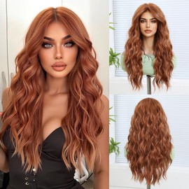 Geogroket Long Wavy Wig for Women Middle Part Wavy Charming Hair Realistic Natural Looking Synthetic Heat Resistant Orange Wigs for Girls Daily Party Use 24 Inch