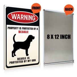 Funny Dog Warning Metal Tin Signs Wall Art Decor Property is Protected By a Beagle is Protected By My Gun Sign for Home Decor Gifts to Indoor and Outdoor Use - 8x12 Inch
