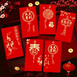 Coehaopike 2025 Year of the Epithani Long Bill, Bill Size, Glitter, Red Bag, Luxurious, Pack of 12, 6 Patterns, H6.7 x W3.5 inches (170 x 90 mm), Fashionable, New Year's Celebration, New Year's Party, Hardboard Material, Unbreakable (C-12 Set)