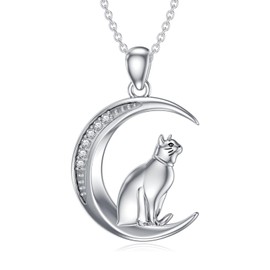 LWXIE S925 Cat Necklace Sterling Silver Cat Necklace Diamond Cat on Moon Necklace for Women Wife Daughter