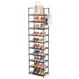 LANTEFUL 10 Tiers Tall Shoe Rack 20-25 Pairs Boots Organizer Storage Sturdy Narrow Shoe Shelf for Entryway, Closets with Hooks, Brown