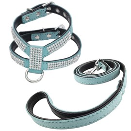 Newtensina Fashion Dogs Harness with Diamantes and Lead Cute Girl Bling Small Dog Harness with Leash for Dogs - Blue - L