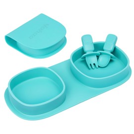 yahaa Silicone Foldable Novelty Dinner Plates, Baby Plates with Forks and Spoons, Baby Travel Essential, Microwave & Dishwasher Safe, Aqua