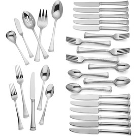 Lenox Silverware Set For 12, Portola 65-Piece Flatware Set with Serving Utensils, Service For 12, 18/10 Stainless Steel Flatware, Dishwasher Safe, Knives Spoons and Forks (Silver, 65 pieces)