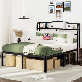 Full Size Bed Frame with Headboard 18 Inch Tall Bed Frames with Storage & Charging Station Black Basic Bed Base Mattress Foundation for Kids,No Box Spring Needed,Heavy Duty Metal (18 Inch, Full)