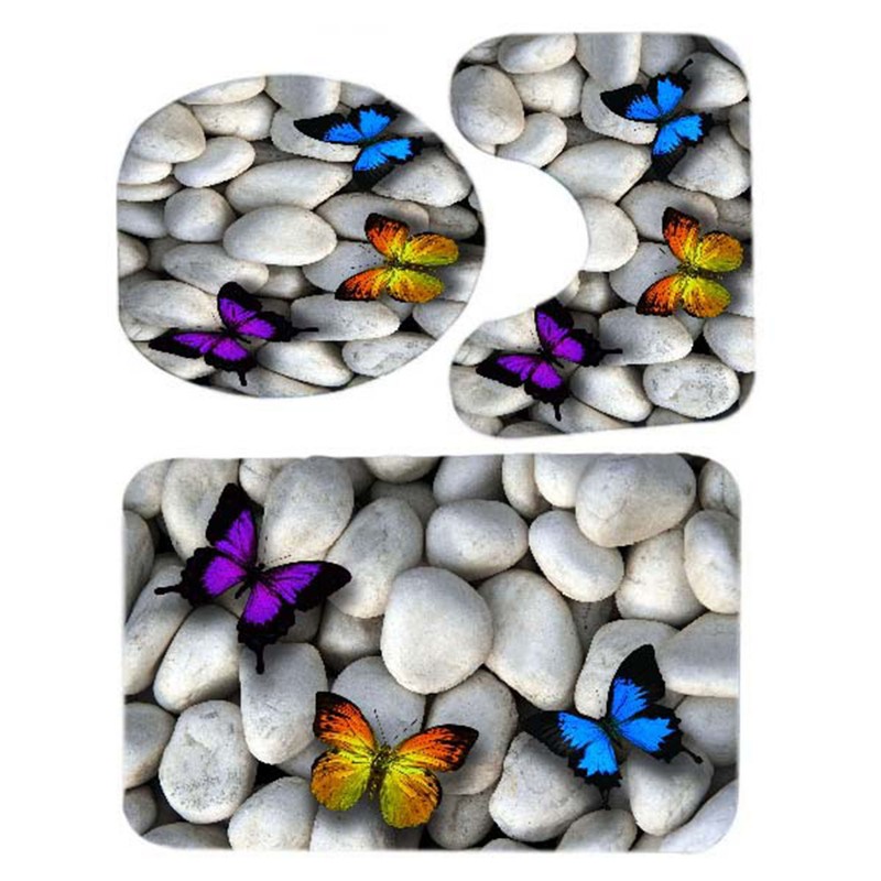 3pcs Toilet Seat Mat Set 10MM Sponge Butterfly Pebble Pattern