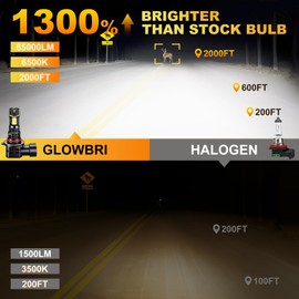 GLOWBRI HIR2/9012 Light Bulbs,6500K Cool White Hi/Lo Beam Fog Light