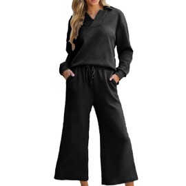 Zontroldy Women's 2 Piece Sets Fall Outfits Pollever Sweatshirt Wide Leg Pants Matching Set Tracksuit(1283-Black-S)