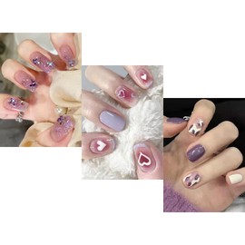 NIUANIUA Nail Tip, Short, False Nails, Cute, Round Tip, Fashion, 3D Nails, Popular, Nail Stickers, 12 Sizes, 72 Pieces (Ice Pink & Diamond)