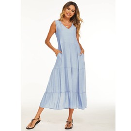 Halife Women's Summer Sleeveless Bohemian Pleated Beach Party Long Maxi Dress Light Blue M