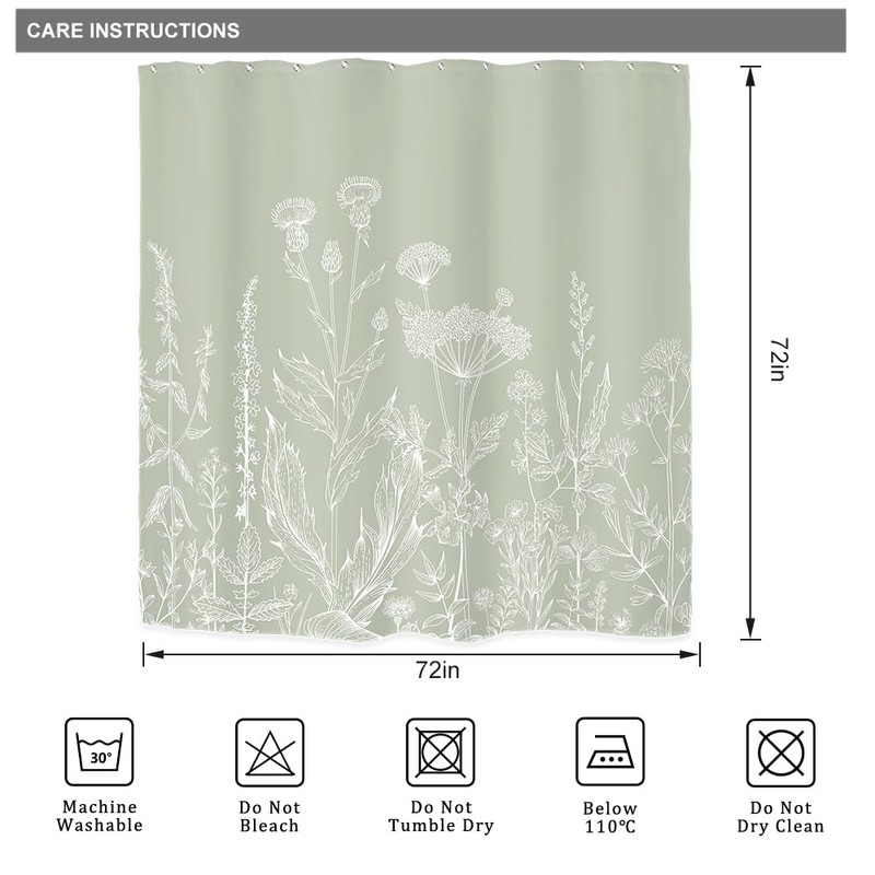 Riyidecor Sage Green Floral Wildflower Shower Curtain for Bathroom Decor