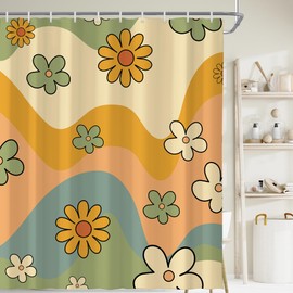 Visioun - Cortina de ducha estética retro de los años 70 para baño de 60 x 72 pulgadas de alto, diseño clásico de margaritas, colorido, abstracto, moderno, decoración de tina, impermeable, juego de tela de poliéster con 12 ganchos (10 agujeros)