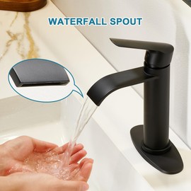 FROPO Matte Black Bathroom Faucets | Waterfall Single Hole Bathroom Sink Faucet with Deck Plate, 1 Hole Or 3 Hole for 4 Inch Black Vanity Faucet with Pop-Up Drain Single Handle Lavatory Faucet