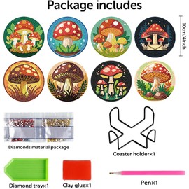 8 PCS Diamond Painting Coasters Kits with Holder, 5D Mushroom Diamond Art Coasters Kits for Drinks Coffee Table, Small Diamond Painting Coasters Kit for Adults Beginners DIY Art Craft Home Decors