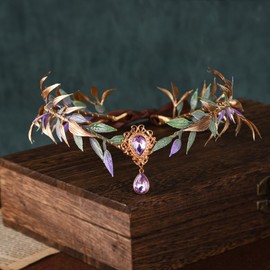 MOSTORY Forest Elf Crown for Renaissance Cosplay, Purple and Gold Leaf Headpiece for Woodland Fairy Costume Women
