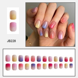 24Pcs Hort Press on Nails French Tip Fake Nails Square Shape Glue on Nails Gradient Colorful Acrylic Nails Cute Full Cover False Nails Glossy Stick on Nails Rainbow Artificial Nails for Women Girls