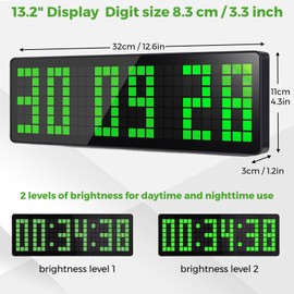 Gym Timer 13.2" Digital Pixels LED Wall Clock Timers with Stopwatch Countdown & Up Remote Control for Home Gym (Green)