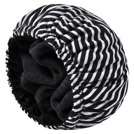 Shower Cap for Women Terry Lined Bath Cap Large Reusable Waterproof Elastic Black Stripes Shower Caps for Long Thick Hair Soft Bath Shower Hair Caps