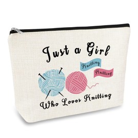 Mikela Crochet Gift for Knitting Lovers: Travel Cosmetic Bag, Off White, Cartoon Pattern, Zipper Closure, Cotton & Linen, Women's On-the-go Cosmetic Case