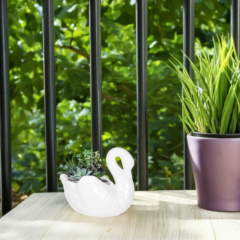 Yardwe Lovely Swan Ceramic Flowerpot with Drain Hole, White Porcelain