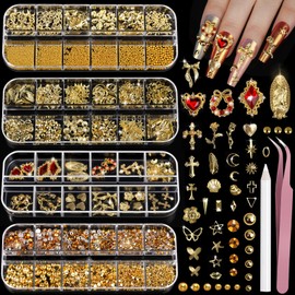 Teenitor Gold Nail Charms and Gems Set, 4 Boxes Nail Gems Nail Pearls Nail Art Tools, 3D Cross Nail Charms Heart Nail Rhinestones for Nails Supplies, Charms for Nails Design Nail Art Kit