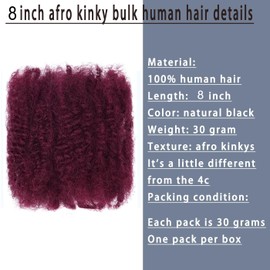 PORSMEER Afro Kinky Bulk Human Hair - 30g/Pack Natural Black 100% Human Hair for Dreadlocks & Loc Extensions Faux Locs Braiding Twist Afro Kinky Bulk Can Dye and Bleach (Wine Red/BUG#)