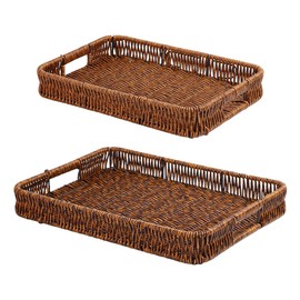 Fvstar Woven Serving Tray with Handles,Handmade Poly Wicker Tray for Storage Breakfast,Drinks,Fruits,Rectangular Basket Organizer Platters for Coffee Table Centerpiece Decor (2, Dark Color)