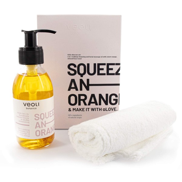 veoli, Squeeze an Orange 2-in-1 Makeup Remover Oil 137 ml Oily Skin and Combination Skin Oil for Daily Cleansing, Includes Hypoallergenic Towel, Beige, Myrrh, 30.95 ml