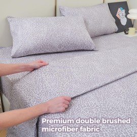 Bedmoon Queen Leopard Sheets, Light Gray Cheetah Pattern Sheets with Corner Straps, Cozy Animal Print Bed Sheet Set with Non-Slip Fitted Sheet, Soft Microfiber Leopard Sheets