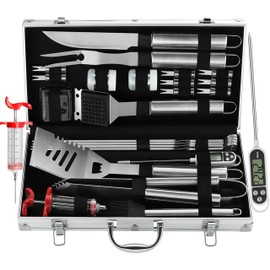 Grilljoy 24PCS BBQ Grill Tools Set with Meat Thermometer and Injector - Extra Thick Stainless Steel Fork, Spatula& Tongs - Complete BBQ Accessories in Aluminum Case - Perfect Grill Gifts for Men