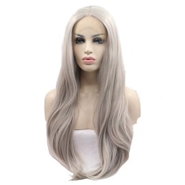 Greenmirr Silver Grey Lace Front Wig Women Hand Tied Long Straight Synthetic Fibre Heat Resistant Hair 24 Inches