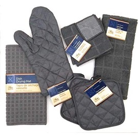 Kitchen Towel Set with 2 Quilted Pot Holders, Oven Mitt, Dish Towel, Dish Drying Mat, 2 Microfiber Scrubbing Dishcloths (Gray)