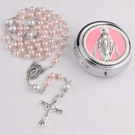 Catholic Town 6mm Glass Pearl Beads with 8mm Our Father Beads with Caps Rosary Pack in Miraculous Metal Gift Box (Available in Blue and Pink colors) (Pink)