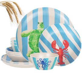 Unbreakable Dinnerware Set for 4 Natul with Blue Stripe Lobster Crab and sea turtle 12 Piece Melamine Wheat Straw BPA Free Lightweight Dishwasher Safe Shatter Resistant for Camping Outdoor RV Party