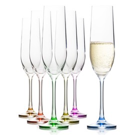 Crystalex Champagne Flute Set of 6, Crystal Champagne Glasses Stemware For Prosecco, Mimosas or Cocktails, Lead-Free (Rainbow-190 ML)
