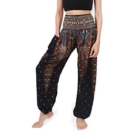 Banjamath® Women's Smocked Waist Harem Hippie Boho Yoga Palazzo Casual Pants (S,Peacock Black)