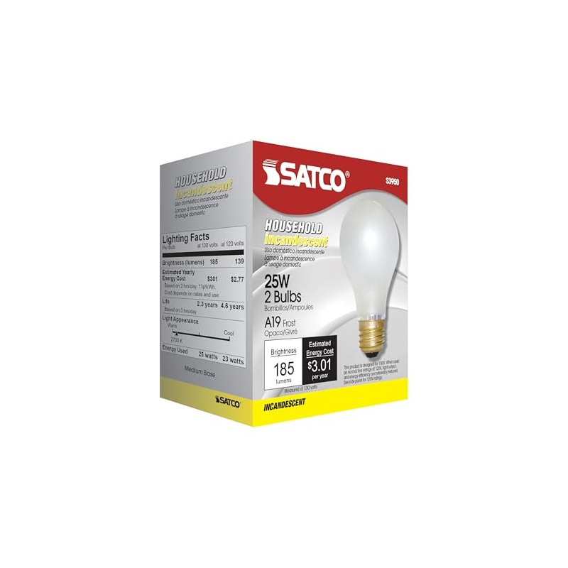 Satco S3950 25W A19 Incandescent Bulb, Frosted, E26 Base, 2