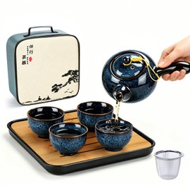 DUJUST Chinese Gongfu Tea Set, Kiln Altered Glaze Porcelain Tea Set with 1 Teapot, 4 Tea Cups & 1 Tea Tray, Portable Japanese Tea Sets with Storage Bag for Travel, Gifting, Outdoor, Dark Blue