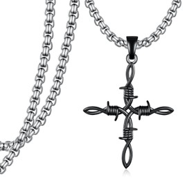 Feijiesi Barbed Wire Necklace Sterling Silver Punk Cross Necklace Punk Jewelry for Men
