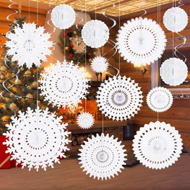 20 Pcs White Paper Snowflake Decorations Christmas Snowflake Hanging Swirl Decorations Tissue Poms and Fans Hanging Ceiling Decor for Winter Party Birthday Wonderland Xmas Holiday Supplies